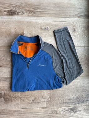 Eddie Bauer Blue Pullover with Orange Trim and Gray Accents
